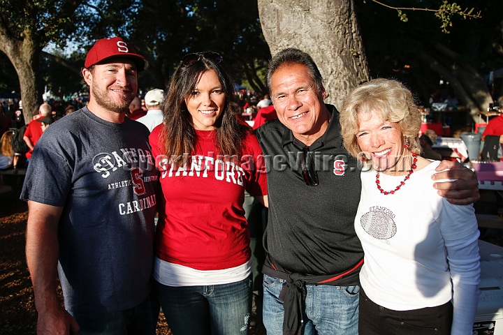 2013-Stanford-Oregon-005.JPG - Nov. 7, 2013; Stanford, CA, USA; Former Stanford Cardinal quarterback Jim Pluckett (second from right), wife Gerry Plunkett (right), daughter Meghan Douglas (second from left) and son in law Chris Douglas (left) prior to game against the Oregon Ducks at  Stanford Stadium. 